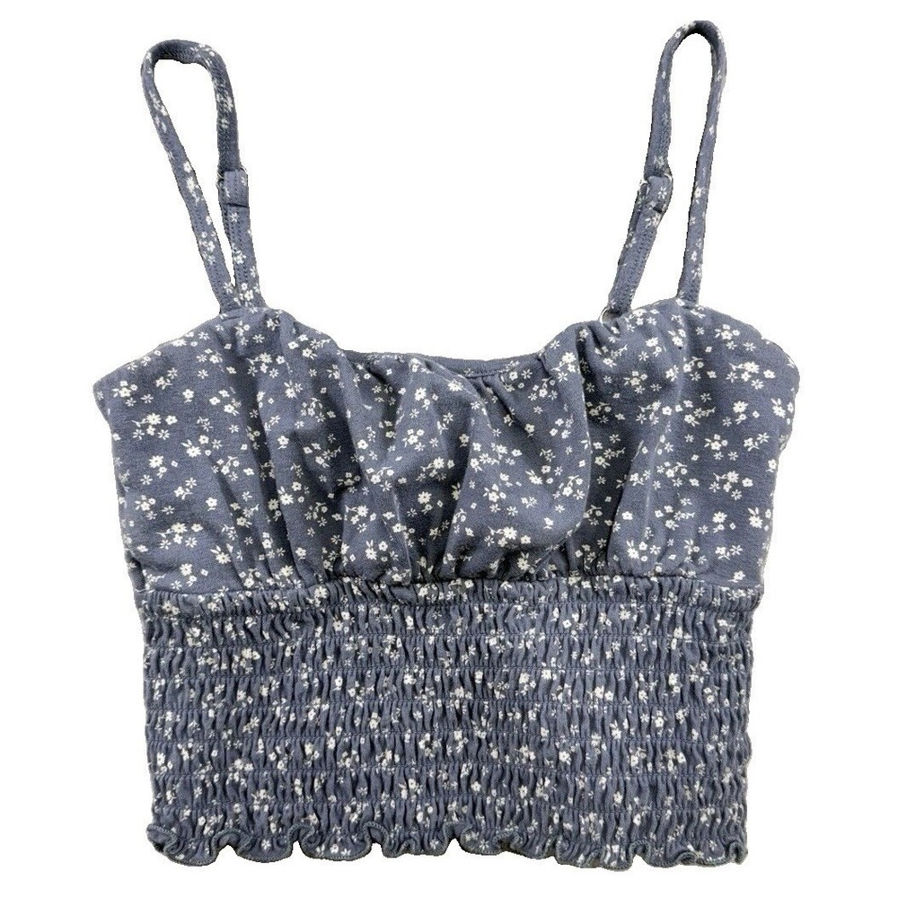 Hollister Blue & White Ditsy Floral Crop Smocked Tank Top XXS Preppy Coquette Y2